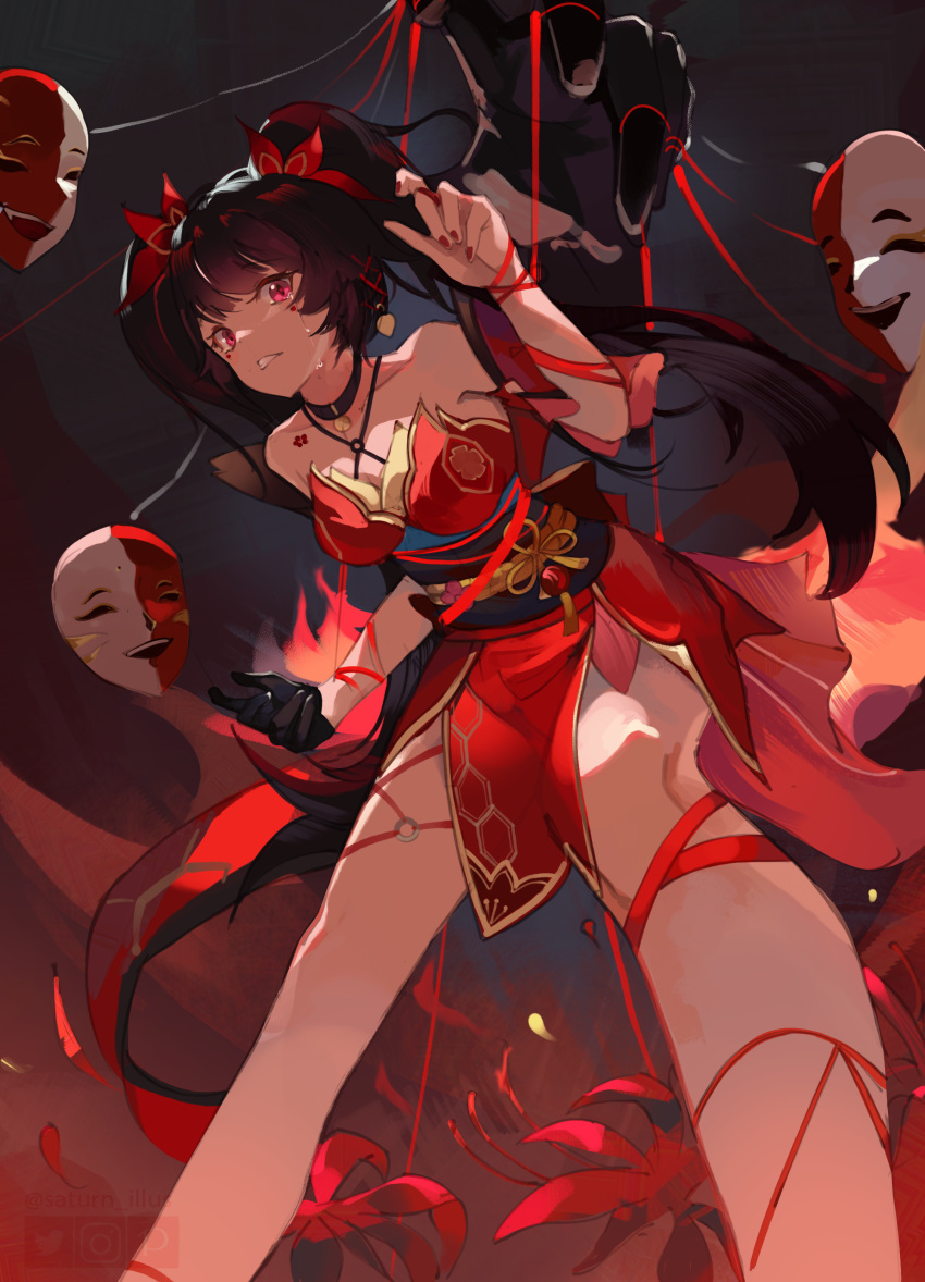 1girl absurdres bare_shoulders bell black_gloves black_hair breasts cmdr_saturn facial_mark gloves highres honkai:_star_rail honkai_(series) long_hair mask neck_bell red_eyes red_nails solo sparkle_(honkai:_star_rail) tears twintails unworn_mask