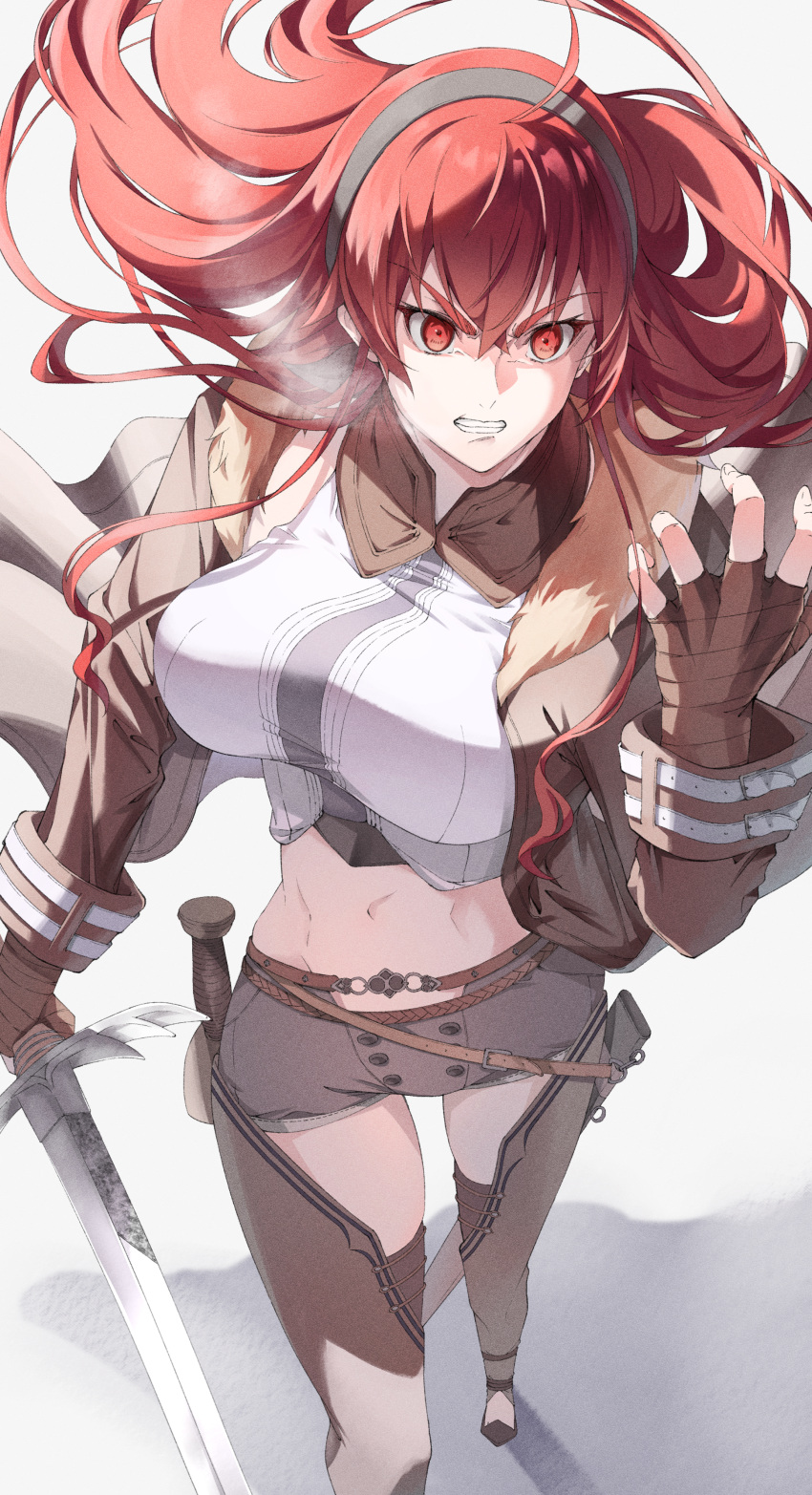 1girl absurdres aged_up ahoge angry arm_wrap black_hairband breasts brown_jacket brown_shorts clenched_teeth commentary_request crossed_bangs eris_greyrat floating_hair foreshortening fur-trimmed_jacket fur_trim hair_between_eyes hairband highres holding holding_sword holding_weapon jacket large_breasts leg_warmers long_hair long_sleeves midriff mushoku_tensei navel open_clothes open_jacket red_eyes red_hair saico_isshin scabbard shadow sheath sheathed shirt short_shorts shorts sidelocks simple_background skindentation sleeveless sleeveless_shirt solo standing sword teeth thick_eyebrows toned very_long_hair weapon white_background white_shirt