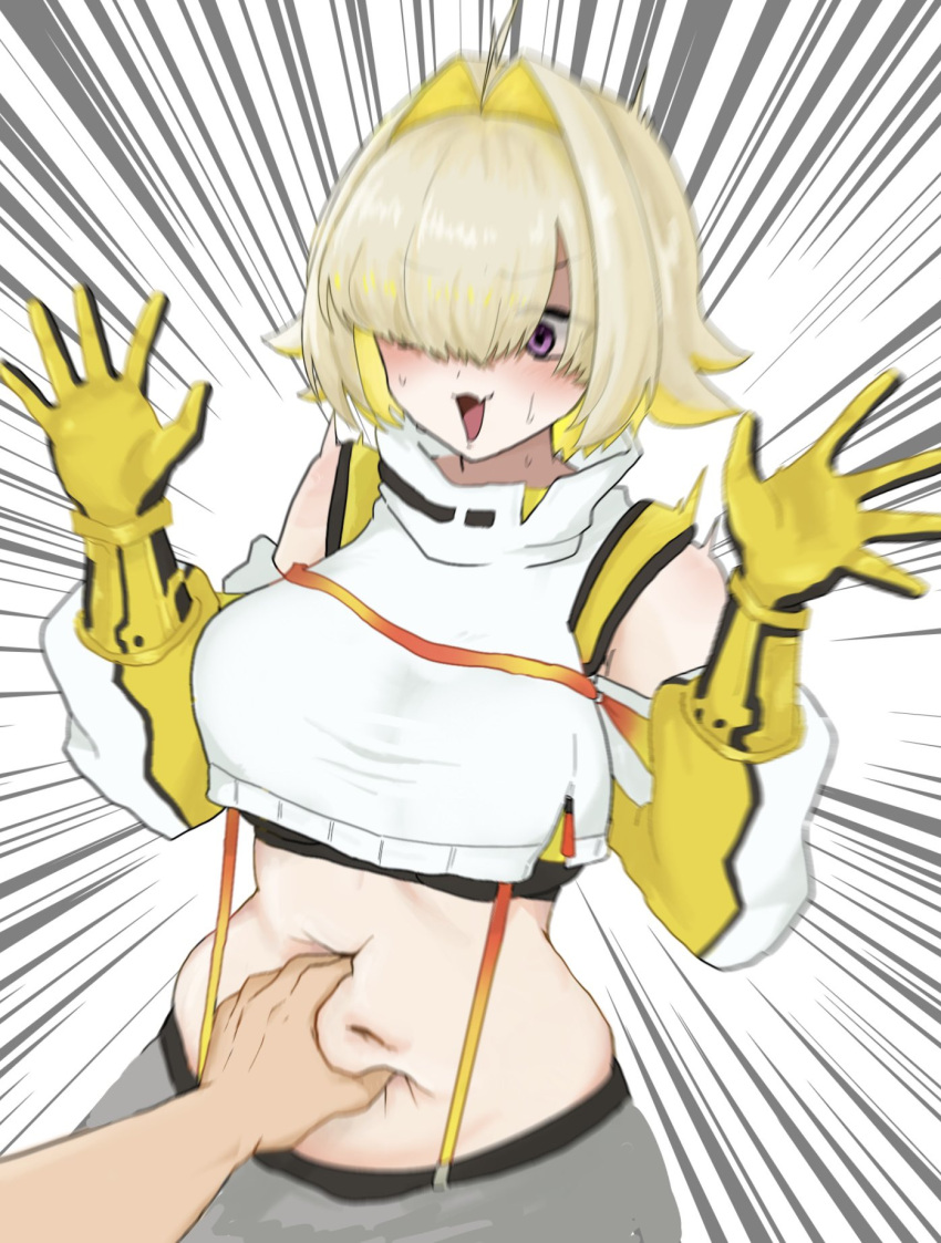 1girl 39zto ahoge belly_grab blonde_hair breasts commentary_request elegg_(nikke) gloves goddess_of_victory:_nikke grey_background hair_intakes hair_over_eyes hand_on_another's_stomach highres large_breasts long_bangs motion_blur multicolored_clothes multicolored_gloves multicolored_hair navel open_hands open_mouth plump purple_eyes solo_focus suspenders sweat two-tone_hair upper_body white_background yellow_gloves