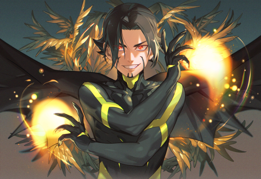 1boy akakokko_(niro_azarashi) birdmen black_bodysuit black_hair black_wings bodysuit facial_hair fingernails fire goatee grey_background grimace looking_at_viewer male_focus pyrokinesis red_eyes sharp_fingernails short_hair solo wang_guang_feng wings