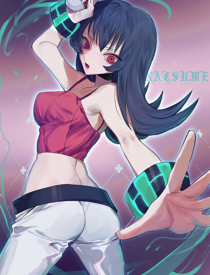 1girl ass bare_arms bare_shoulders blue_hair breasts camisole collarbone crop_top dark_blue_hair flipped_hair highres midriff nakiyu pants pink_camisole pokemon pokemon_hgss red_eyes ribbed_camisole sabrina_(pokemon) spaghetti_strap white_pants