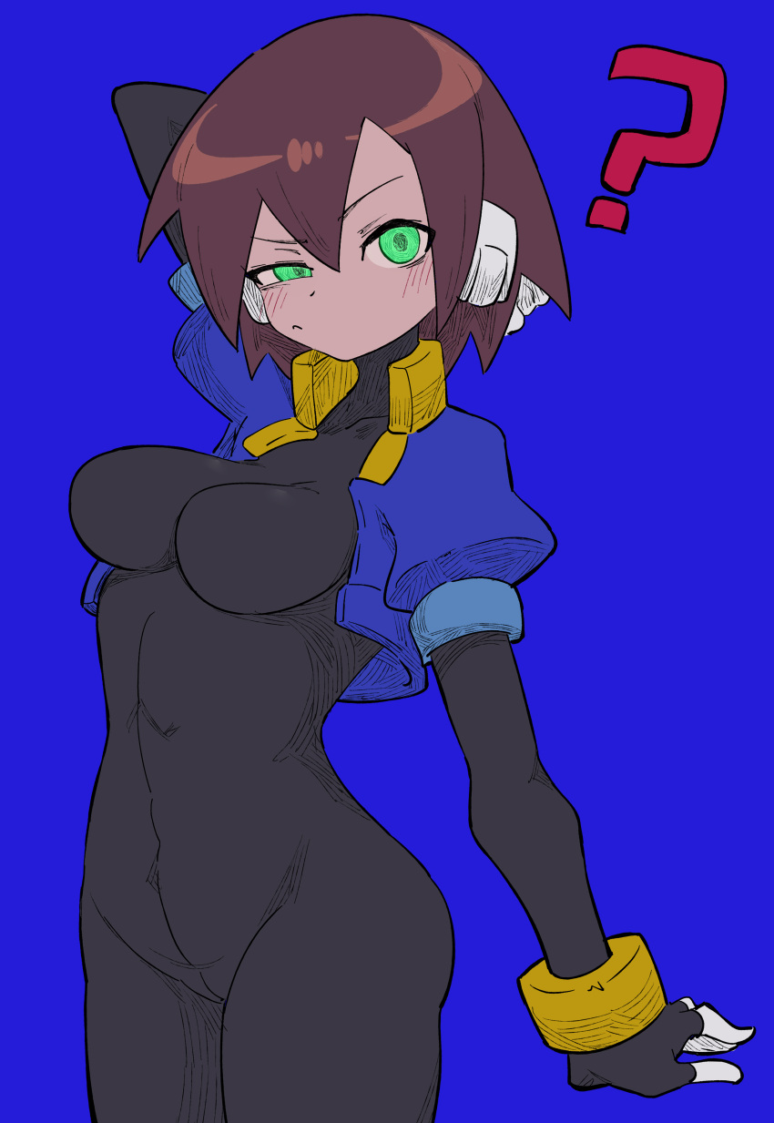 1girl ? absurdres aile_(mega_man_zx) arm_behind_head black_bodysuit blue_background blush bodysuit bodysuit_under_clothes breasts breath brown_hair buzzlyears collarbone cropped_jacket glowing glowing_eyes green_eyes highres jacket looking_at_viewer medium_breasts mega_man_(series) mega_man_zx open_clothes open_jacket robot_ears short_hair shorts simple_background smile solo upper_body white_shorts