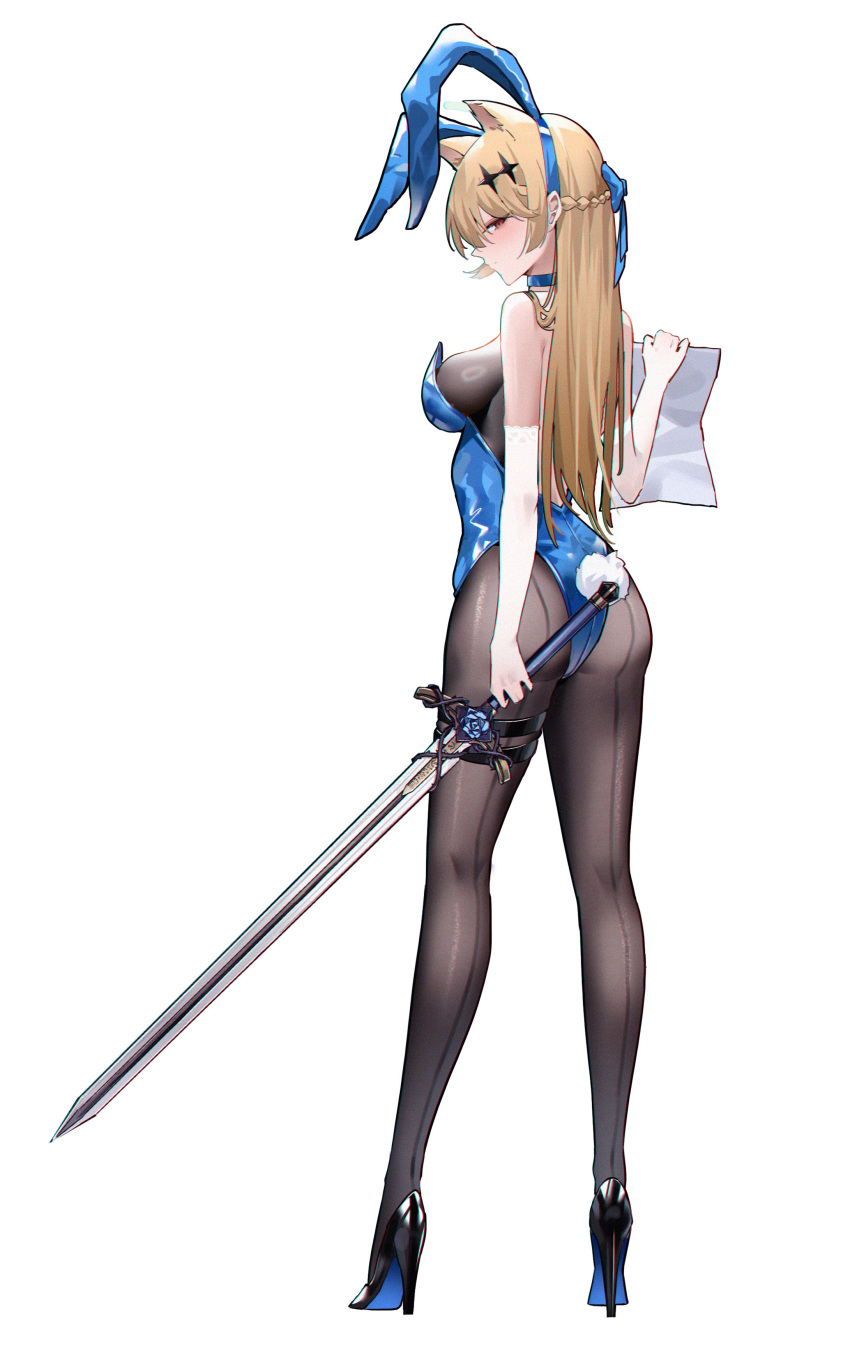 1girl absurdres animal_ears black_footwear black_pantyhose blonde_hair blue_leotard braid breasts cat_ears commentary english_commentary fake_animal_ears fake_tail from_behind full_body high_heels highres holding holding_sword holding_weapon leotard long_hair looking_at_viewer looking_back matsuura_kagami mirror_(matsuura_kagami) orange_eyes original pantyhose plaid plaid_skirt rabbit_ears rabbit_tail shoes sideboob sideways_glance simple_background skirt solo standing sword tail weapon white_background