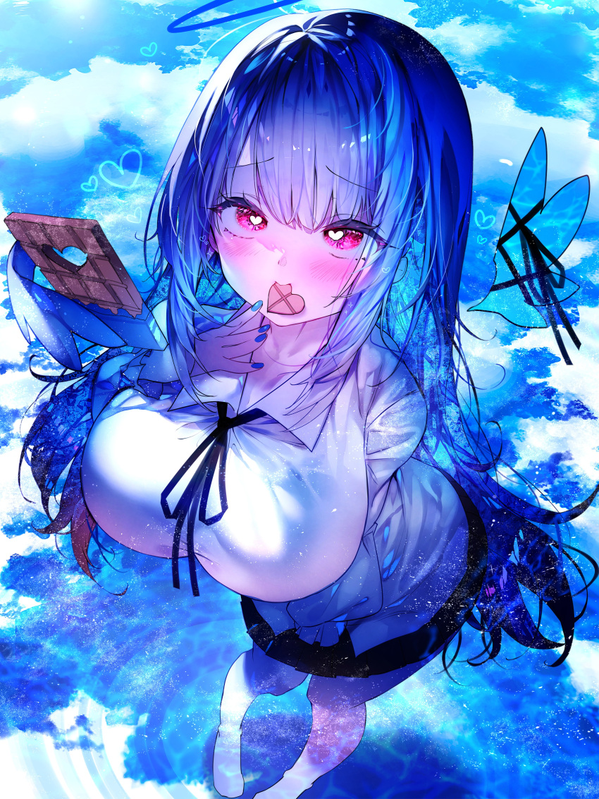 1girl absurdres arm_at_side black_ribbon black_skirt blue_background blue_butterfly blue_hair blue_halo blue_nails blue_theme blunt_bangs blush breasts bug butterfly candy chocolate chocolate_bar cloud food halo hand_up heart heart-shaped_chocolate heart-shaped_pupils highres huge_breasts light_particles long_hair long_sleeves looking_at_viewer mouth_hold neck_ribbon original pink_eyes reflection reflective_water ribbon sidelocks skirt soaking_feet solo standing symbol-shaped_pupils w_(w64851564) water