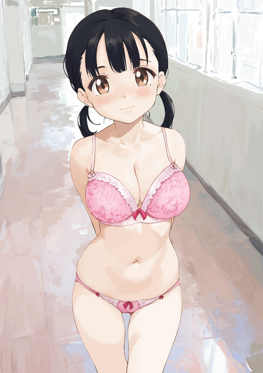 1girl absurdres arms_behind_back black_hair blush bow bow_bra bow_panties bra breasts brown_eyes closed_mouth cowboy_shot hallway highres indoors large_breasts looking_at_viewer low_twintails original panties pink_bra pink_panties pomerachi short_hair smile solo standing twintails underwear underwear_only