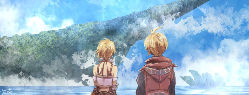 1boy 1girl ahoge artist_name bare_shoulders blonde_hair blue_sky cloud fiora_(xenoblade) from_behind highres horizon jacket outdoors red_jacket short_hair shulk_(xenoblade) sky standing toosut0 twitter_username water xenoblade_chronicles_(series) xenoblade_chronicles_1