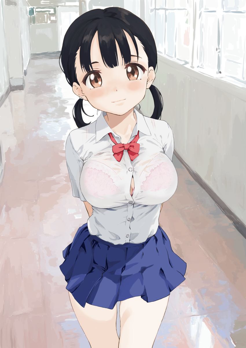 1girl absurdres arms_behind_back black_hair blue_skirt blush bow bowtie bra breasts brown_eyes closed_mouth collared_shirt cowboy_shot hallway highres indoors large_breasts looking_at_viewer low_twintails original pink_bra pomerachi red_bow red_bowtie school_uniform see-through see-through_shirt shirt short_hair short_sleeves skirt smile solo standing twintails underwear white_shirt