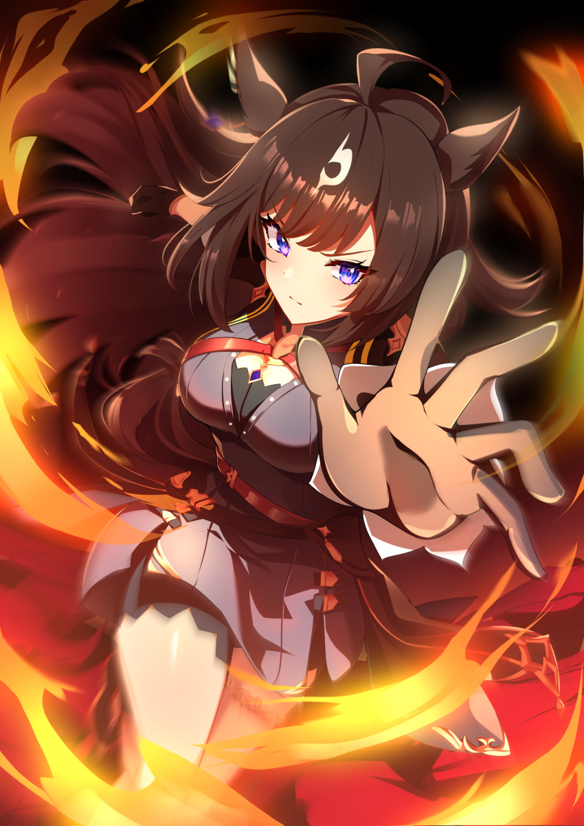 1girl absurdres ahoge animal_ears armor belt black_gloves black_jacket black_shorts blue_eyes breasts brown_hair clenched_hand commentary_request cowboy_shot dress duramente_(umamusume) feathers fire gloves grass highres horse_ears horse_girl horse_tail horseshoe jacket long_hair long_sleeves medium_breasts parted_lips purple_dress shorts shoulder_armor smoke solo standing sunny_(20597521) tail thigh_strap umamusume v-shaped_eyebrows very_long_hair
