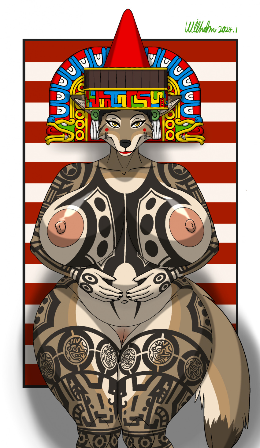 2024 5_fingers absurd_res anthro arm_markings belly belly_markings big_belly big_breasts black_nose breast_markings breasts brown_body brown_fur canid canine canis coyote curvy_figure facial_markings female fingers fur genitals head_markings headdress headdress_only headgear headgear_only hi_res hip_markings huastec huge_breasts humanoid_hands leg_markings mammal markings navel nipples nude ohs688 pussy signature solo thick_thighs thigh_markings voluptuous wide_hips