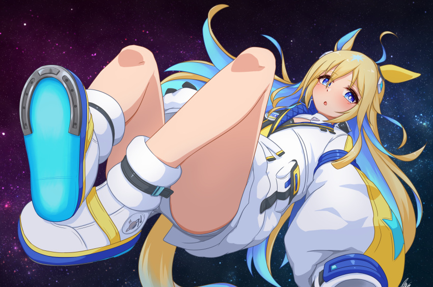 1girl absurdres ahoge animal_ears blue_eyes blush breasts commentary_request galaxy highres horse_ears horse_tail jacket lexis_yayoi long_hair long_sleeves looking_at_viewer multicolored_hair neo_universe_(umamusume) open_mouth small_breasts solo starry_background tail two-tone_hair umamusume