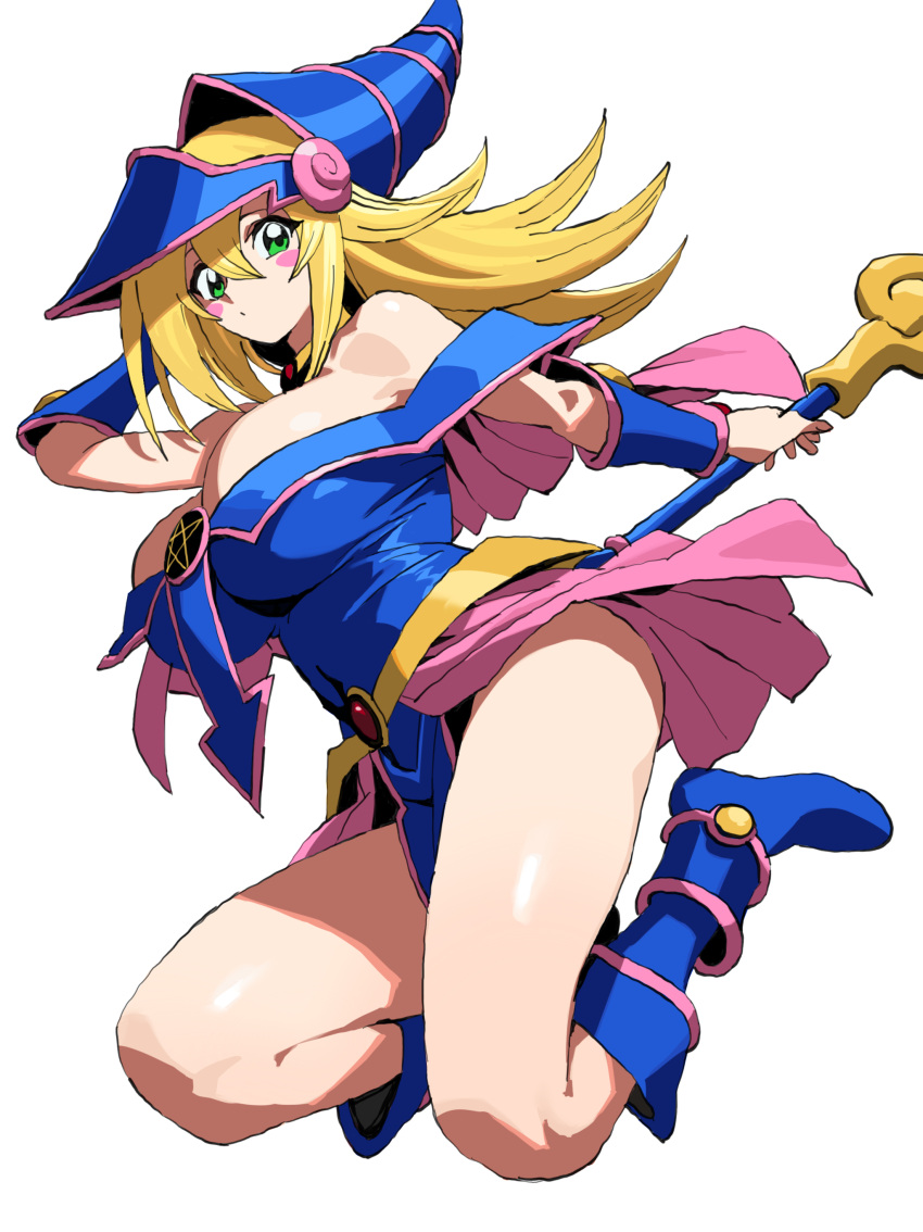 1girl absurdres arm_behind_head bare_legs bare_shoulders blonde_hair blue_dress blue_footwear blue_headwear blush_stickers boots breasts cleavage commentary_request dark_magician_girl detached_sleeves dot_mouth dress floating green_eyes highres holding holding_staff large_breasts long_hair looking_at_viewer sadamoto_hokuto simple_background sleeveless sleeveless_dress solo staff strapless strapless_dress white_background yu-gi-oh!