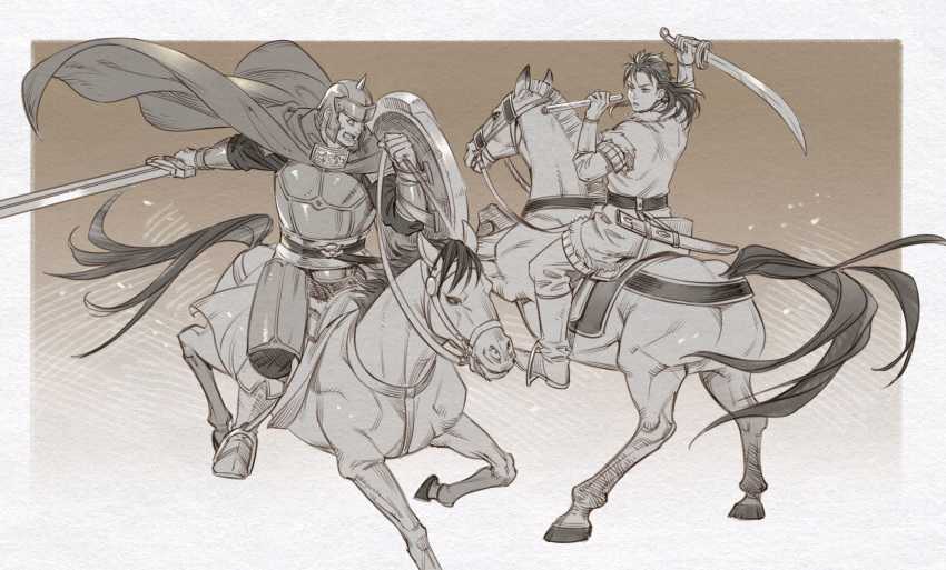 2boys akakokko_(niro_azarashi) armor arslan_senki blowgun border cape character_name character_request helmet highres holding holding_sword holding_weapon horse horseback_riding jimsa_(arslan_senki) long_hair male_focus monochrome multiple_boys riding shield sword weapon white_border