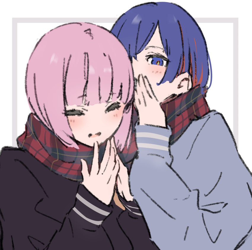 2girls atenaba black_shirt blue_eyes blue_hair blush closed_eyes grey_sweater highres kaf_(kamitsubaki_studio) kamitsubaki_studio long_sleeves looking_at_viewer multicolored_hair multiple_girls own_hands_together parted_lips pink_hair plaid plaid_scarf red_hair red_scarf rim_(kamitsubaki_studio) scarf shared_clothes shared_scarf shirt simple_background sleeves_past_wrists smile streaked_hair sweater upper_body whispering white_background yellow_pupils