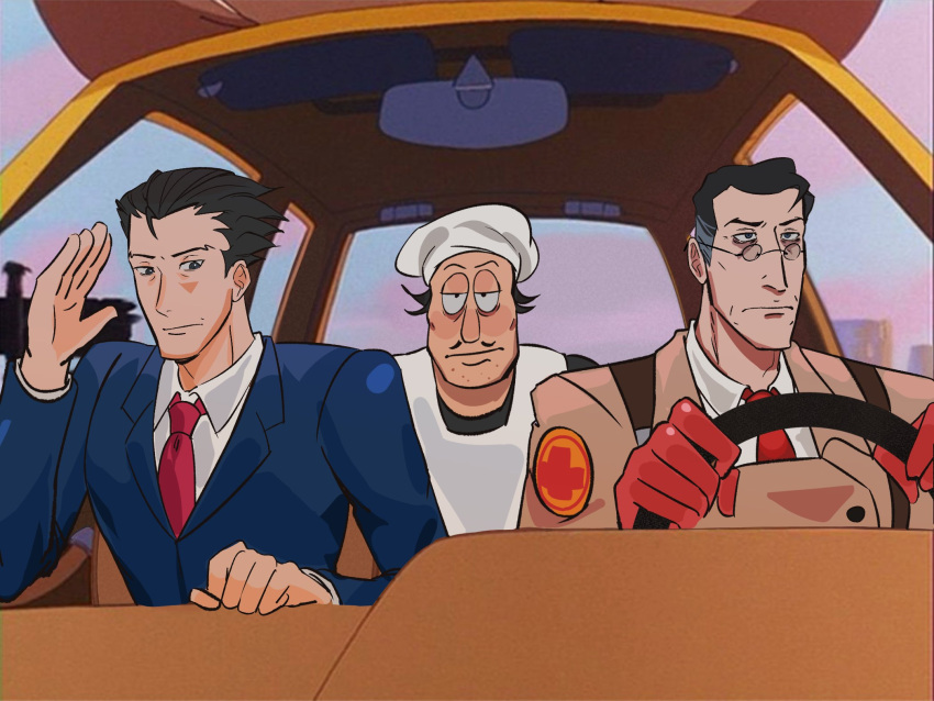 3boys ace_attorney black_hair car closed_mouth commentary crossover driving english_commentary glasses gloves hat highres left-hand_drive long_sleeves male_focus medic_(tf2) meme motor_vehicle multiple_boys necktie peppino_spaghetti phoenix_wright pizza_tower red_gloves red_necktie short_hair steering_wheel suit team_fortress_2 upper_body what_is_love_(meme) windee