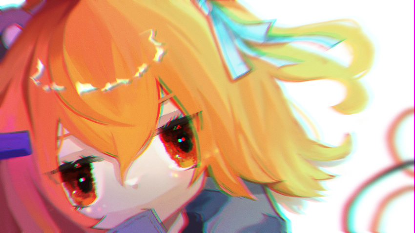 1girl a.i._voice absurdres adachi_rei blurry cable chromatic_aberration close-up film_grain hair_between_eyes hair_ribbon highres looking_at_viewer medium_hair one_side_up orange_eyes orange_hair portrait ratechi ribbon solo utau white_background