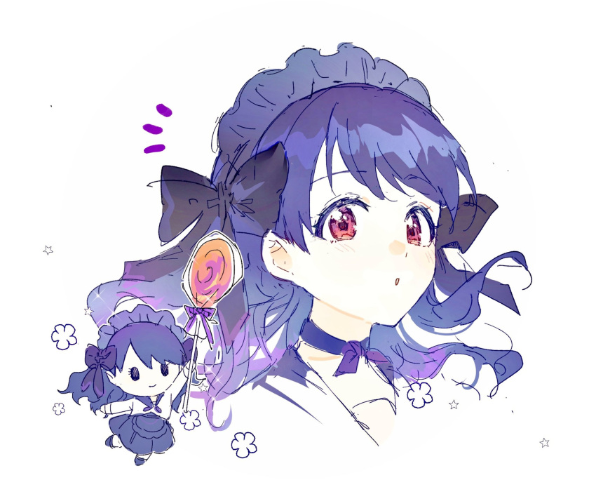 1girl :o black_bow blue_hair blue_hairband blush bow character_request chibi chibi_inset choker copyright_request cropped_head hair_bow hairband highres long_hair looking_at_viewer multiple_views open_mouth purple_choker qinglai_haiji red_eyes sidelocks simple_background white_background