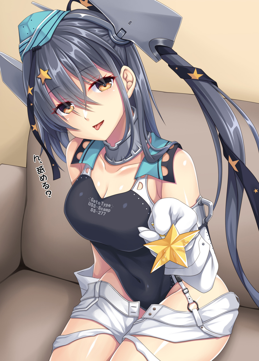 1girl aqua_headwear black_one-piece_swimsuit black_ribbon breasts candy competition_swimsuit couch food garrison_cap gloves grey_hair hair_ornament hair_ribbon hat highres holding holding_candy holding_food indoors kantai_collection lollipop long_hair one-piece_swimsuit ribbon ruin_re_birth scamp_(kancolle) short_shorts shorts side_ponytail sitting small_breasts star_(symbol) star_hair_ornament swimsuit white_gloves white_shorts