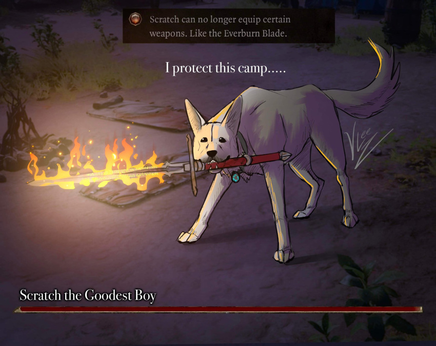 2024 ambiguous_gender canid canine ears_up feral fire fur gameplay_mechanics gui health_bar hi_res mammal melee_weapon mouth_hold quadruped signature solo sword teeth text v_lee_z weapon white_text