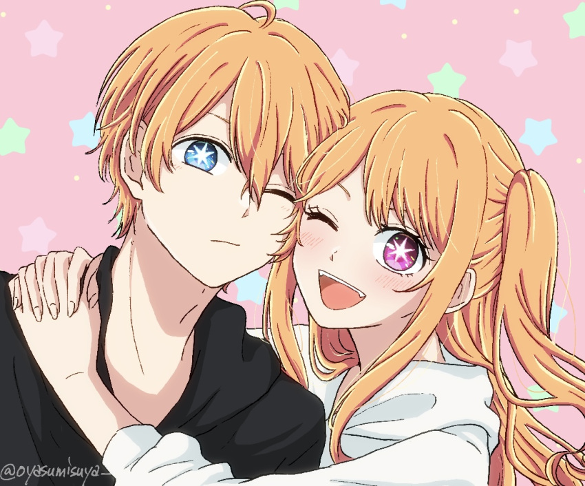 1boy 1girl :d black_hoodie blonde_hair blue_eyes blush brother_and_sister chromatic_aberration close-up closed_mouth commentary_request eyebrows_hidden_by_hair eyelashes fangs frown hair_between_eyes happy heads_together hood hood_down hoodie hoshino_aquamarine hoshino_ruby hug light_blush long_hair one_eye_closed open_mouth oshi_no_ko oyasumisuya pink_background pink_eyes short_hair siblings sidelocks simple_background smile star-shaped_pupils star_(symbol) starry_background swept_bangs symbol-shaped_pupils teeth twins twitter_username two_side_up upper_teeth_only white_hoodie