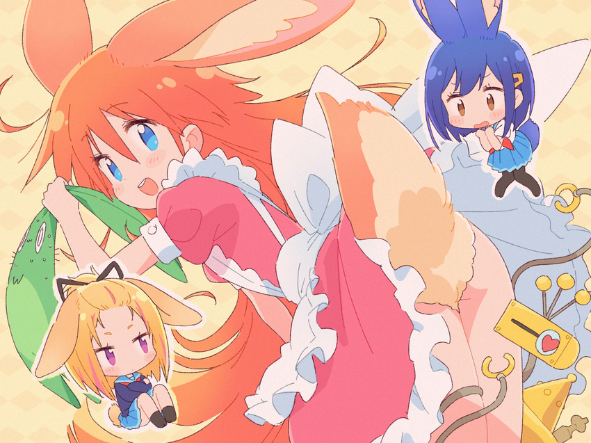 ahoge animal_ears apron argyle argyle_background back_bow bad_id bad_pixiv_id bangs_pinned_back black_legwear blonde_hair blue_eyes blue_hair blue_sailor_collar blue_skirt blush bow brown_eyes buck_teeth bunny bunny_ears bunny_tail cardigan convenient_leg dress embarrassed flip_flappers floppy_ears frilled_dress frills grabbing hair_bow hair_ornament hairclip heart heart_eyes highres kokomine_cocona legs_together long_hair multiple_girls neckerchief nynkny o_o orange_hair pantyhose papika_(flip_flappers) pink_dress pleated_skirt puffy_short_sleeves puffy_sleeves purple_eyes ribbon robot sailor_collar school_uniform serafuku short_hair short_sleeves skirt smile sweat sweating_profusely tail tt-392 uexkull yayaka