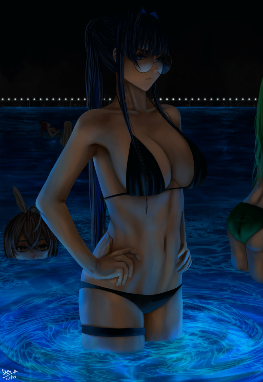 5girls absurdres alternate_costume animal_ears ass bare_arms bare_shoulders bikini black_bikini black_sky blue_hair blue_innertube breasts brown_eyes brown_hair ceres_fauna collarbone commentary crossed_bangs dated english_commentary feather_hair_ornament feathers glasses green_bikini green_hair hair_between_eyes hair_intakes hair_ornament hakos_baelz hands_on_own_hips highres holocouncil hololive hololive_english innertube large_breasts light_brown_hair long_hair looking_at_viewer mouse_ears multiple_girls nanashi_mumei navel night night_sky ouro_kronii parted_lips partially_submerged ponytail pool red_hair round_eyewear sidelocks signature sky solo_focus standing steb stomach swim_ring swimsuit thigh_strap tsukumo_sana virtual_youtuber wading water yellow-framed_eyewear