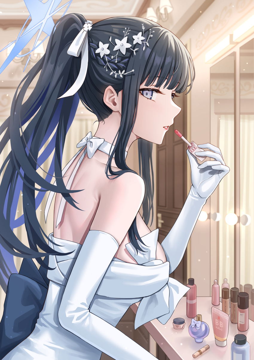 1girl absurdres applying_makeup black_hair blue_archive blue_eyes blue_halo breasts dress elbow_gloves gloves halo highres large_breasts lipstick long_hair looking_at_viewer makeup official_alternate_costume open_mouth saori_(blue_archive) saori_(dress)_(blue_archive) simoumi_217 solo strapless strapless_dress white_gloves