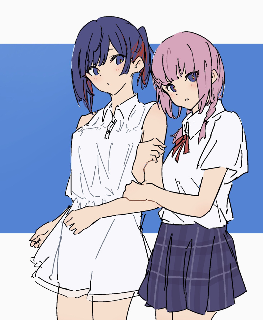 2girls atenaba bare_arms blue_background blue_eyes blue_hair braid collared_shirt cowboy_shot dress highres holding_another's_arm kaf_(kamitsubaki_studio) kamitsubaki_studio looking_at_viewer medium_hair multicolored_hair multiple_girls neck_ribbon one_side_up parted_lips pink_hair plaid plaid_skirt pleated_skirt purple_skirt red_hair red_ribbon ribbon rim_(kamitsubaki_studio) shirt short_sleeves skirt sleeveless sleeveless_dress streaked_hair twin_braids two-tone_background white_background white_dress white_shirt yellow_pupils