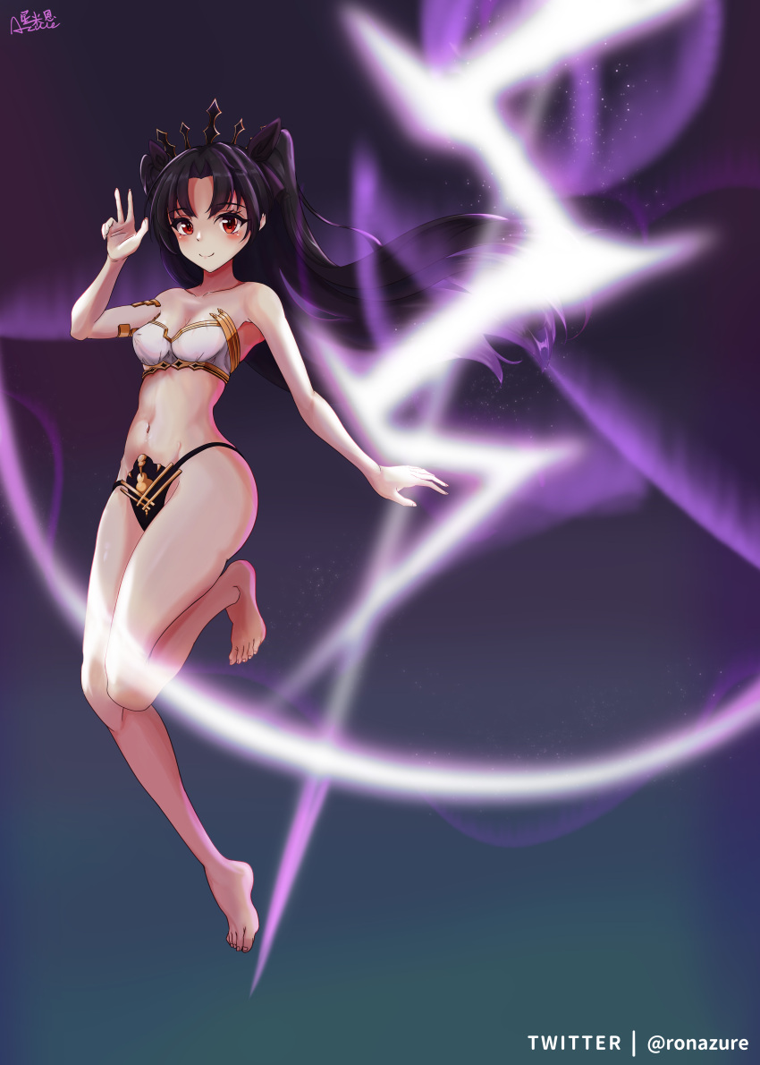 1girl absurdres bare_legs barefoot bikini black_bikini_bottom black_hair black_ribbon blush breasts cleavage fate/grand_order fate_(series) floating floating_hair gold_trim hair_ribbon highres ishtar_(fate) lightning long_hair looking_at_viewer medium_breasts mismatched_bikini navel red_eyes ribbon smile solo swimsuit tiara twintails xing_mi'en