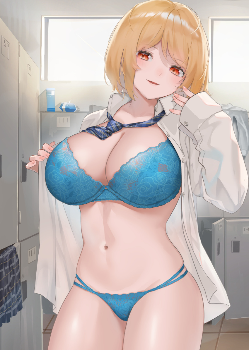 1girl absurdres black_skirt blonde_hair blue_bra blue_necktie blue_panties bra breasts collared_shirt cowboy_shot highres large_breasts locker locker_room navel necktie open_clothes open_shirt original panties parted_lips plaid_necktie red_eyes rushian shirt short_hair skirt sleeves_past_wrists solo stomach underwear unworn_skirt white_shirt window