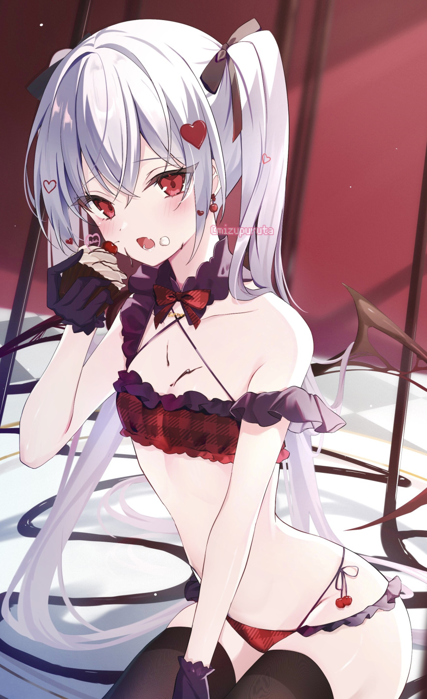 1girl absurdres bare_shoulders black_gloves black_ribbon black_thighhighs blush breasts cherry_earrings chocolate commentary criss-cross_halter cupcake earrings eating english_commentary food food-themed_earrings food_on_body food_on_face frills gloves grey_hair hair_ornament hair_ribbon halterneck heart heart_hair_ornament highres holding holding_food jewelry long_hair looking_at_viewer mizupuruta open_mouth original red_eyes ribbon small_breasts solo thighhighs twintails twitter_username valentine wings