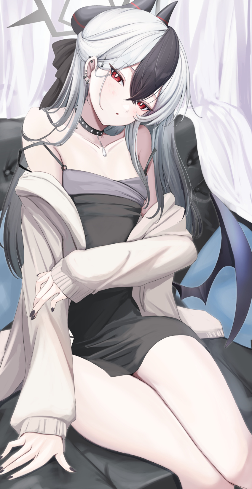 1girl black_dress black_hair black_horns black_wings blue_archive blush cafenami collarbone demon_horns demon_wings dress ear_piercing earrings grey_halo grey_jacket hair_between_eyes halo highres horns jacket jewelry kayoko_(blue_archive) kayoko_(dress)_(blue_archive) long_hair long_sleeves looking_at_viewer multicolored_hair official_alternate_costume open_clothes open_jacket parted_lips piercing red_eyes single_wing solo white_hair wings