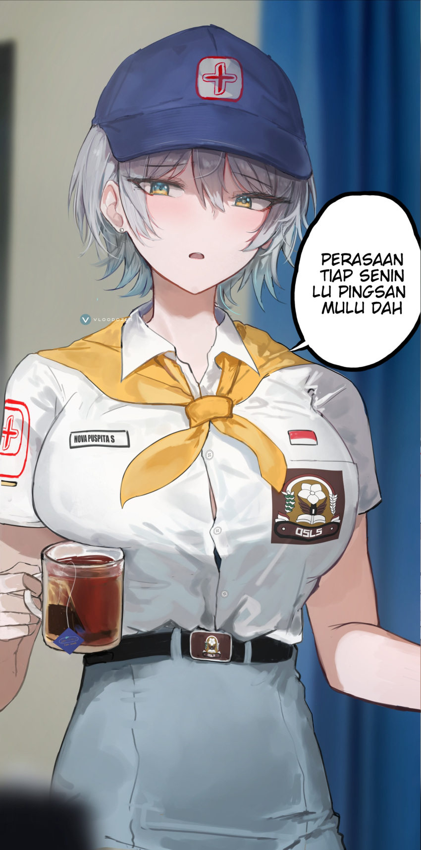 1girl absurdres artist_logo belt black_belt blue_headwear blue_skirt blurry blurry_foreground breasts collared_shirt commentary cup drink earrings furrowed_brow green_hair grey_hair hair_between_eyes hat highres holding holding_cup holding_drink indonesian_commentary indonesian_flag indonesian_high_school_uniform indonesian_text indoors jewelry large_breasts looking_at_viewer neckerchief open_mouth original school_uniform shirt short_hair short_sleeves sidelocks skirt solo speech_bubble standing tea translation_request upper_body vloodozer white_shirt yellow_neckerchief