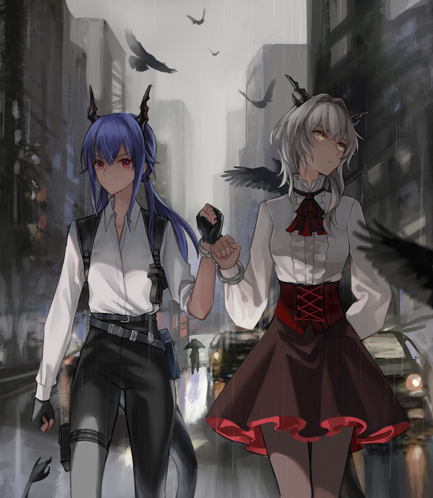2girls absurdres animal arknights arm_at_side arm_behind_back ascot belt bird black_bird black_gloves black_horns black_pants black_tail brown_skirt car center_frills ch'en_(arknights) chinese_commentary city clenched_hands closed_mouth collared_shirt commentary_request cuffs dragon_girl dragon_horns dragon_tail feet_out_of_frame fingerless_gloves frilled_shirt frills gloves grey_belt grey_pantyhose hair_between_eyes hair_intakes handcuffs hands_up highres horns long_hair long_sleeves looking_at_viewer looking_to_the_side motor_vehicle multiple_girls open_collar outdoors pants pantyhose pink_eyes purple_hair rain red_ascot road shirt skirt sleeves_rolled_up slms_(slms4) standing strap tail talulah_(arknights) thigh_pouch thigh_strap turning_head twintails underbust walking white_hair white_shirt yellow_eyes