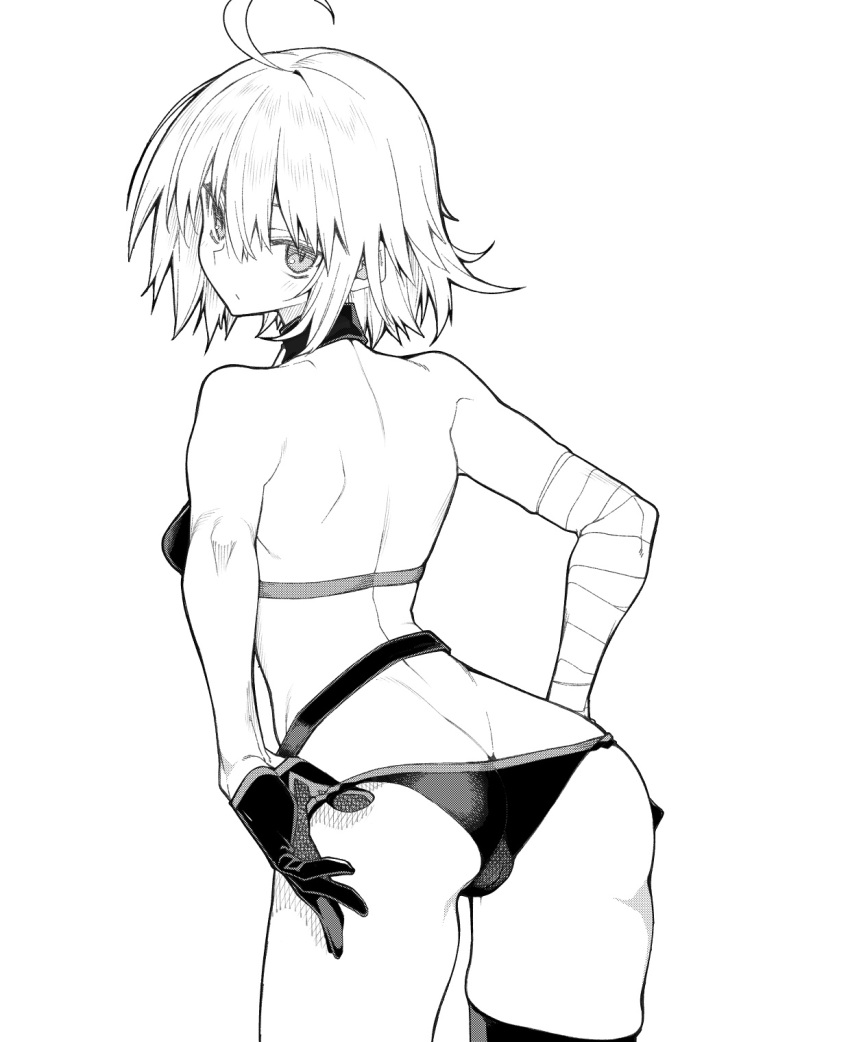 10mo 1girl ahoge ass back bandaged_arm bandages bare_shoulders bikini breasts fate/grand_order fate_(series) gloves greyscale highres jeanne_d'arc_alter_(fate) jeanne_d'arc_alter_(swimsuit_berserker)_(fate) looking_at_viewer looking_back medium_breasts monochrome short_hair solo swimsuit thighs