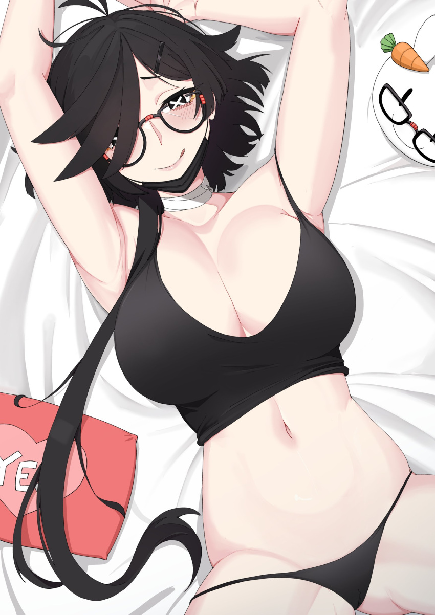 1girl :q absurdres antenna_hair arms_up bandaged_neck bandages black_hair black_mask black_panties black_tank_top breasts bright_pupils broken_eyewear cameltoe carrot glasses hair_ornament hairclip highres kuon_bb large_breasts long_hair lying mask_pull navel on_back original panties pillow solo symbol-shaped_pupils tank_top tongue tongue_out underwear uni_(unexistarts) white_pupils x-shaped_pupils yes-no_pillow