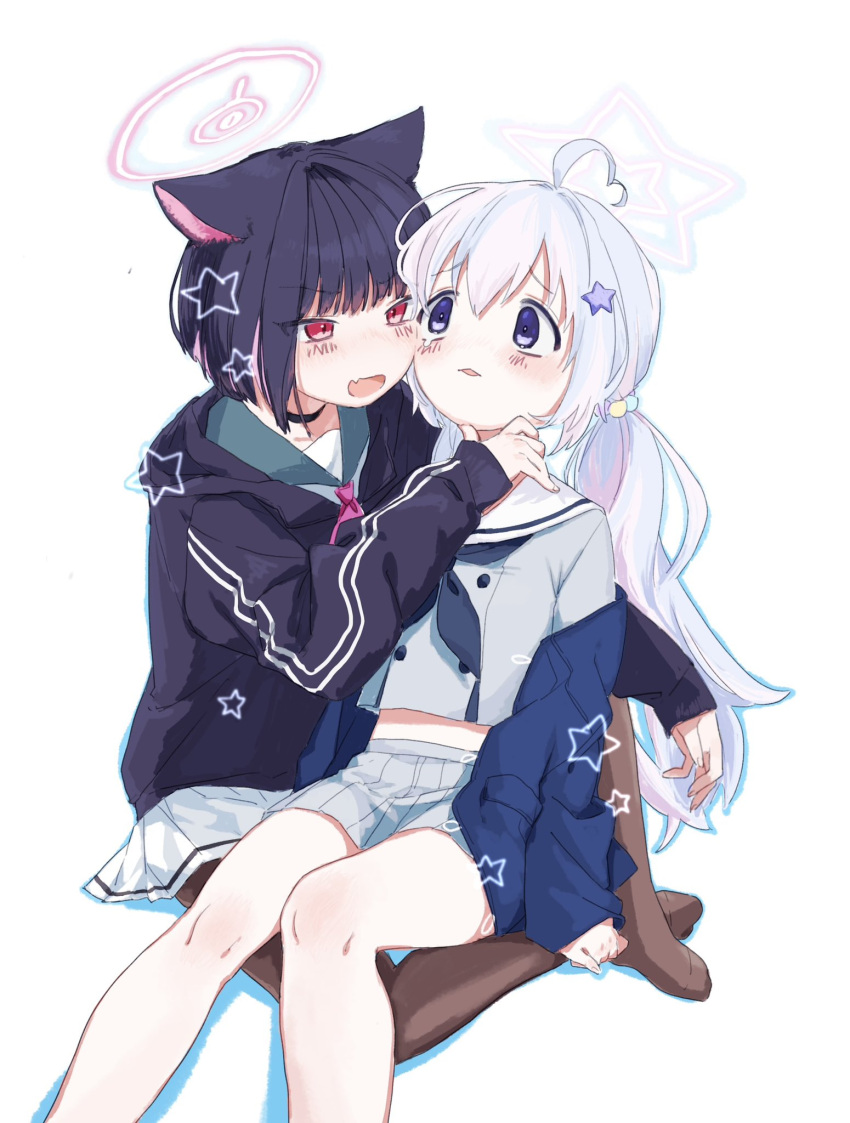 2girls ahoge animal_ears black_choker blue_archive blue_eyes blue_hair blue_jacket blue_neckerchief blush brown_pantyhose cat_ears choker commentary_request fang feet_out_of_frame grey_shirt grey_skirt halo hand_on_another's_chin highres jacket kazusa_(blue_archive) long_hair long_sleeves looking_at_another low_twintails midriff_peek multicolored_hair multiple_girls neckerchief no_shoes open_mouth pantyhose pink_hair pink_halo red_eyes reisa_(blue_archive) school_uniform serafuku shirt short_hair simple_background sitting sitting_on_lap sitting_on_person skin_fang skirt star_halo streaked_hair thighs twintails ureshiitime_ki white_background yuri