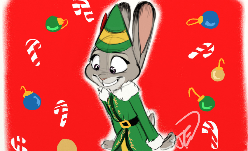 2016 anthro belt candy candy_cane christmas christmas_bauble christmas_decorations clothed clothing coat costume digital_drawing_(artwork) digital_media_(artwork) dipstick_ears disney ears_up elf excited female food fur grey_fur hat holidays humanoid judy_hopps lagomorph mammal purple_eyes rabbit red_background signature simple_background smile solo trashasaurusrex zootopia