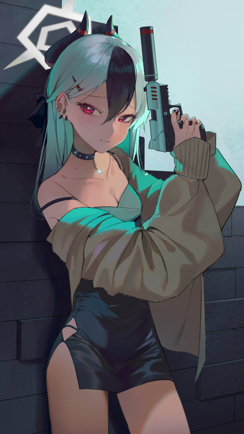 1girl absurdres black_choker black_hair black_nails blue_archive blush breasts cardigan choker cleavage closed_mouth dress ear_piercing grey_hair gun hair_between_eyes hair_ornament hairclip halo highres holding holding_gun holding_weapon kayoko_(blue_archive) kayoko_(dress)_(blue_archive) long_hair long_sleeves looking_at_viewer may.l medium_breasts mole mole_on_neck multicolored_hair nail_polish off_shoulder open_clothes piercing red_eyes short_dress solo sparkle studded_choker weapon white_hair