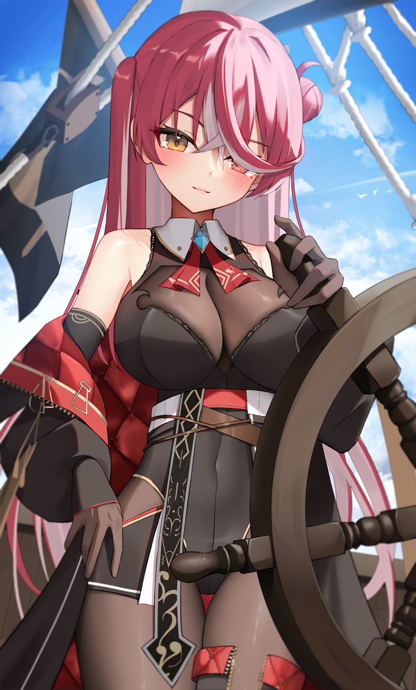 1girl bare_shoulders black_jacket blush breasts brown_gloves closed_mouth colored_inner_hair day gloves hair_bun hair_over_one_eye helm helmet heterochromia highres hololive houshou_marine houshou_marine_(marching_band) jacket large_breasts long_hair long_sleeves looking_at_viewer multicolored_hair off_shoulder open_clothes open_jacket pink_eyes puffy_long_sleeves puffy_sleeves red_hair ship single_side_bun solo standing thomas_8000 two-tone_hair very_long_hair virtual_youtuber watercraft white_hair yellow_eyes