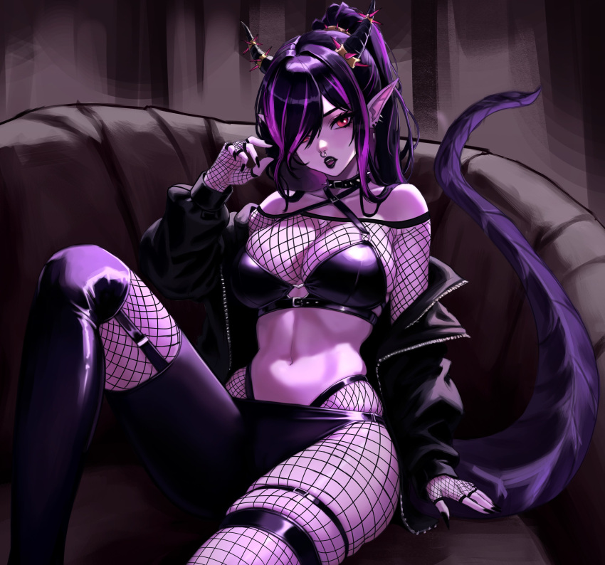 1girl absurdres black_collar black_hair black_jacket black_lips black_nails black_thighhighs breasts collar colored_skin couch dragon_girl dragon_horns dragon_tail ear_piercing english_commentary fingernails fishnets garter_belt goblewd highres horns jacket long_fingernails long_hair medium_breasts multicolored_hair navel nose_piercing on_couch open_clothes open_jacket original piercing pointy_ears ponytail purple_hair purple_skin red_eyes sharp_fingernails skindentation spiked_collar spikes tail thigh_strap thighhighs two-tone_hair