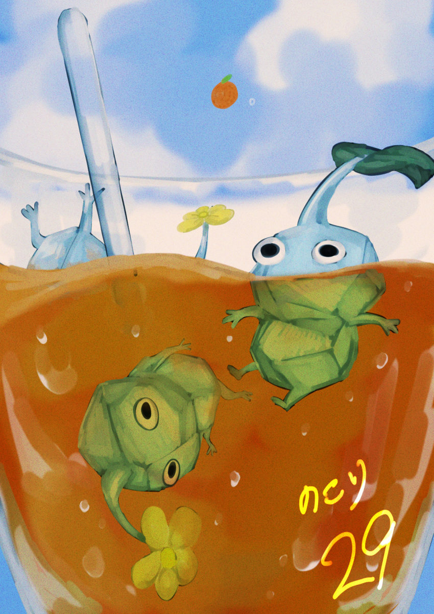 black_eyes blue_skin blue_sky bubble cloud colored_skin commentary_request countdown cup day drinking_straw flower food fruit highres ice ice_pikmin in_container in_cup leaf looking_ahead no_humans no_mouth orange_(fruit) outdoors partially_submerged pikmin_(creature) pikmin_(series) pikmin_4 sky soda submerged upside-down usuba_(hatomugip) yellow_flower
