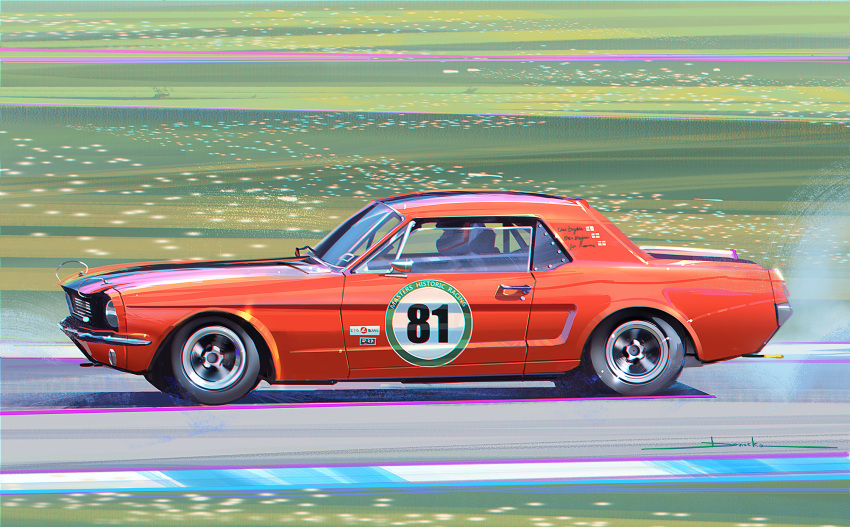 1boy ben_beighton car character_name chromatic_aberration english_commentary english_flag ford ford_mustang from_side helmet highres jacket marta_danecka masters_historic_racing motor_vehicle muscle_car race_vehicle racecar racetrack real_life shadow smoke solo vehicle_focus white_jacket