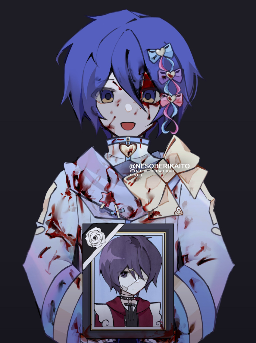 1boy absurdres ame-chan_(needy_girl_overdose) ame-chan_(needy_girl_overdose)_(cosplay) black_background blood blood_on_clothes blood_on_face blue_bow blue_eyes blue_hair blue_jacket bow chouzetsusaikawa_tenshi-chan chouzetsusaikawa_tenshi-chan_(cosplay) commentary cosplay empty_eyes eyepatch flower hair_bow highres holding holding_photo iei jacket kaito_(vocaloid) long_sleeves looking_at_viewer male_focus medical_eyepatch multiple_hair_bows needy_girl_overdose open_mouth parody photo_(object) picture_frame pink_bow pink_hair portrait_(object) purple_bow rose short_hair simple_background smile solo spoilers straight-on symbol-only_commentary upper_body vocaloid white_flower white_rose yellow_bow yun_(nesoberikaito)