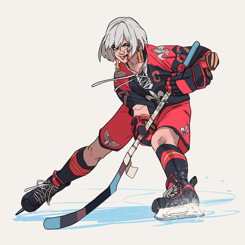 adepta_sororitas blood blood_from_mouth bob_cut earrings fleur-de-lis gloves highres hockey_stick ice ice_hockey imperial_aquila jewelry purity_seal short_hair shorts smile sportswear tooth_gap vlepkaaday warhammer_40k white_background white_hair