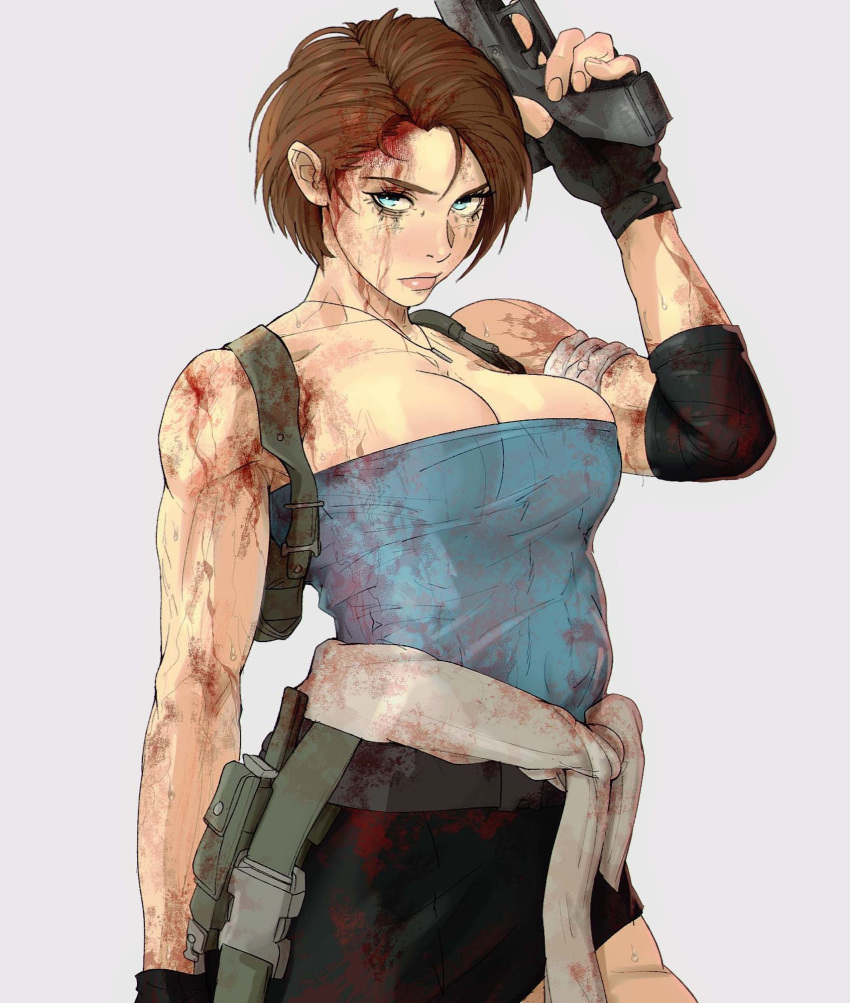 1girl bare_shoulders blood blood_on_face blue_eyes breasts brown_hair crop_top gun highres holding holding_gun holding_weapon jill_valentine large_breasts looking_at_viewer muscular resident_evil short_hair skirt standing straight_hair weapon yoracrab