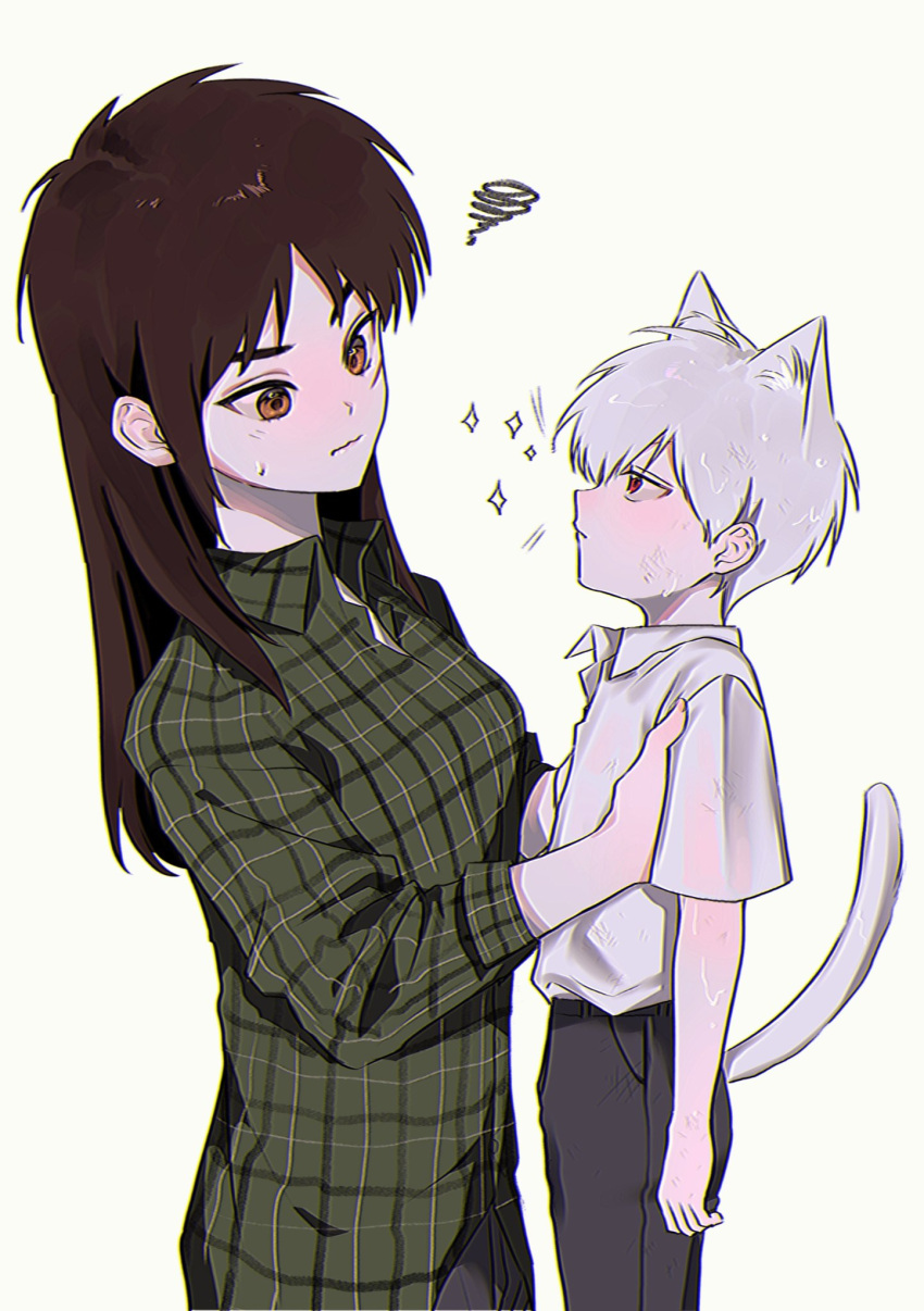 1boy 1girl akagi:_yami_ni_oritatta_tensai akagi_shigeru animal_ears blush breasts brown_eyes brown_hair cat_boy cat_ears cat_tail closed_mouth collared_shirt commentary_request cowboy_shot expressionless fukumoto_mahjong genderswap genderswap_(mtf) green_shirt highres itou_kaiji kaiji korean_commentary lifting_person long_hair long_sleeves looking_at_another medium_bangs medium_breasts plaid plaid_shirt red_eyes scar scar_on_cheek scar_on_face shirt short_hair sidelocks siho_is_alien simple_background squiggle tail white_background