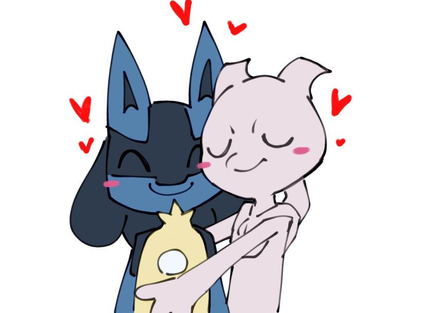 ambiguous_gender anthro biped black_body blue_body duo eyes_closed fur generation_1_pokemon generation_4_pokemon heart_symbol hug itz_smi73 legendary_pokemon lucario mewtwo nintendo pink_body pokemon pokemon_(species) simple_background smile tan_body tan_fur white_background