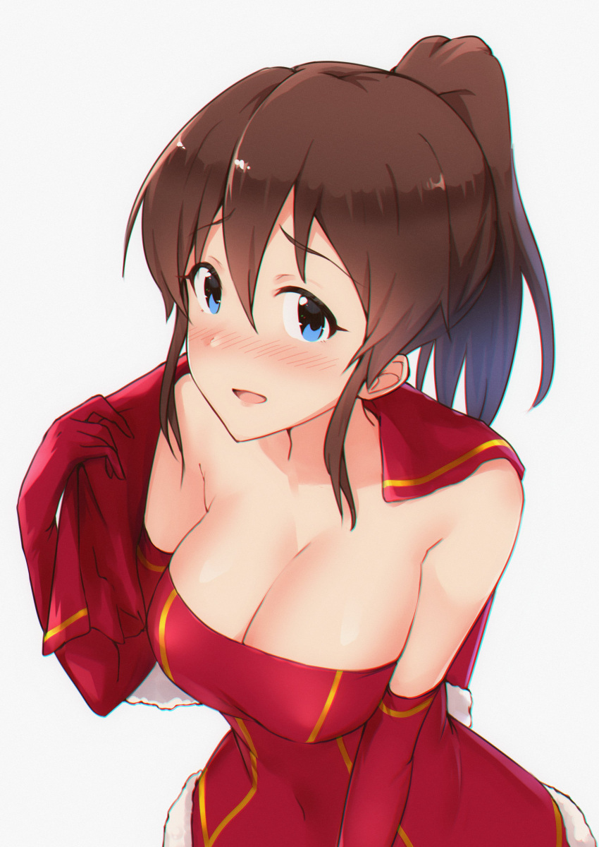 1girl absurdres blue_eyes blush breasts brown_hair capelet chromatic_aberration cleavage dress elbow_gloves fur-trimmed_capelet fur-trimmed_dress fur_trim gloves hair_between_eyes highres idolmaster idolmaster_million_live! large_breasts long_hair looking_at_viewer open_mouth ponytail red_capelet red_dress red_gloves satake_minako simple_background solo strapless strapless_dress upper_body wattsu white_background