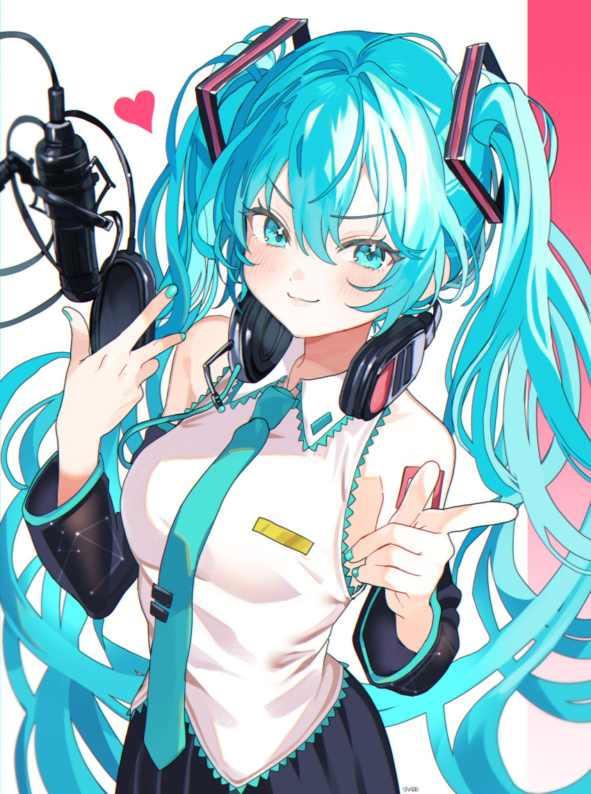 aqua_hair aqua_nails aqua_necktie arm_tattoo black_headphones black_skirt black_sleeves breasts choppy_bangs collared_shirt cropped_legs detached_sleeves hair_between_eyes hatsune_miku headphones headphones_around_neck heart highres long_hair looking_at_viewer medium_breasts microphone necktie ohw8g pointing pointing_at_viewer shirt sidelocks simple_background skirt sleeveless sleeveless_shirt smirk tattoo twintails very_long_hair wavy_hair white_shirt