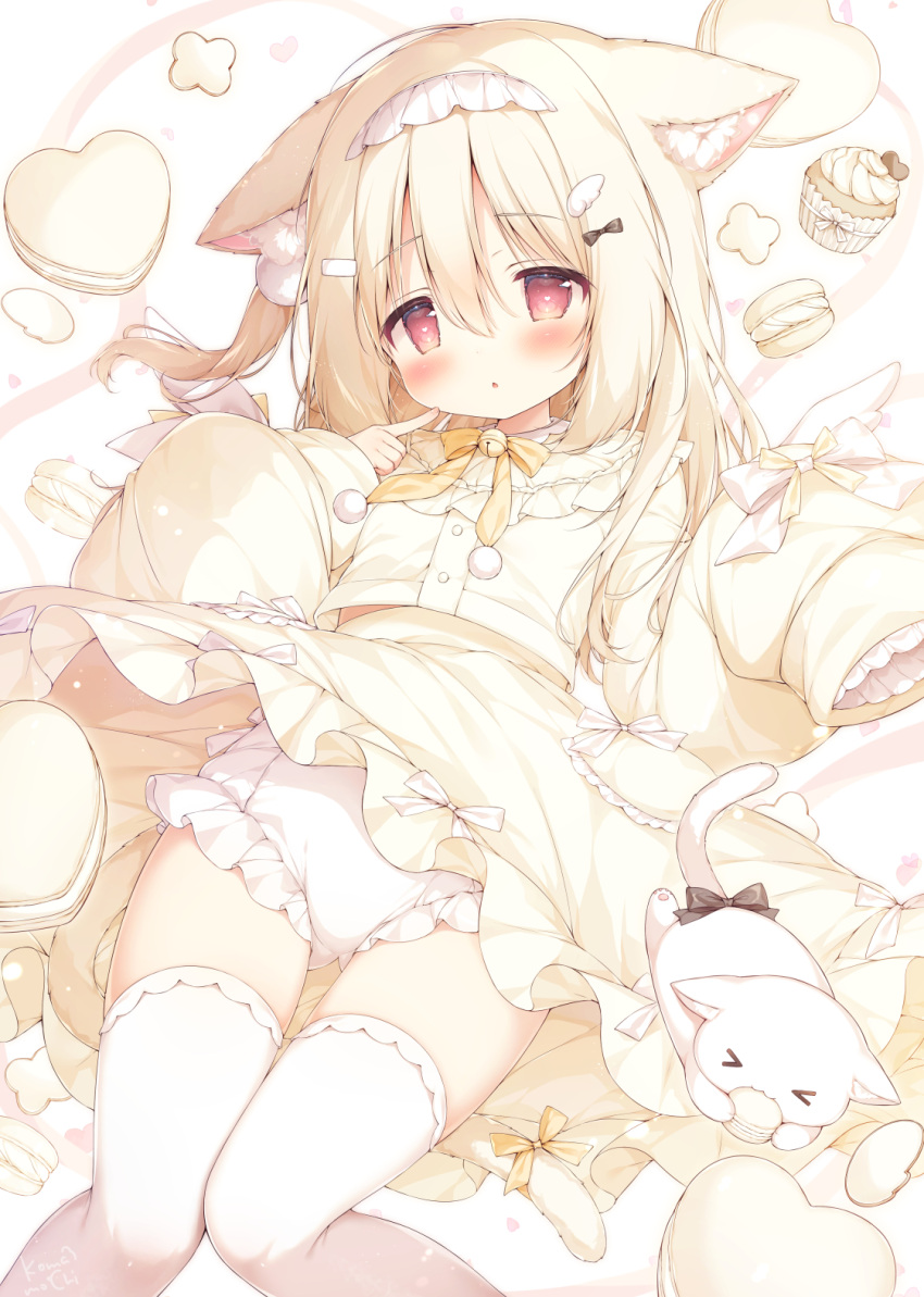 1girl animal_ear_fluff animal_ears ass_visible_through_thighs blonde_hair bloomers blush cake cat cat_ears cat_girl cat_tail clothes_lift finger_to_mouth food frilled_bloomers hair_ornament hairclip highres long_hair long_sleeves looking_at_viewer lying maid_headdress momozu_komamochi on_back original red_eyes ribbon shirt skirt skirt_lift sleeves_past_wrists tail tail_ornament tail_ribbon thigh_gap thighhighs thighs white_bloomers white_thighhighs yellow_shirt yellow_skirt yellow_sleeves